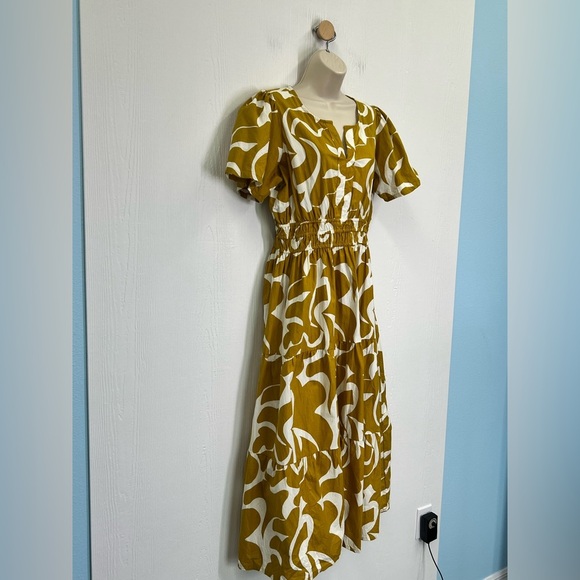 Meadow Rhodes - Mustard And White Fun Pattern V Neck Tiered Maxi Dress Size Med - Picture 3 of 10